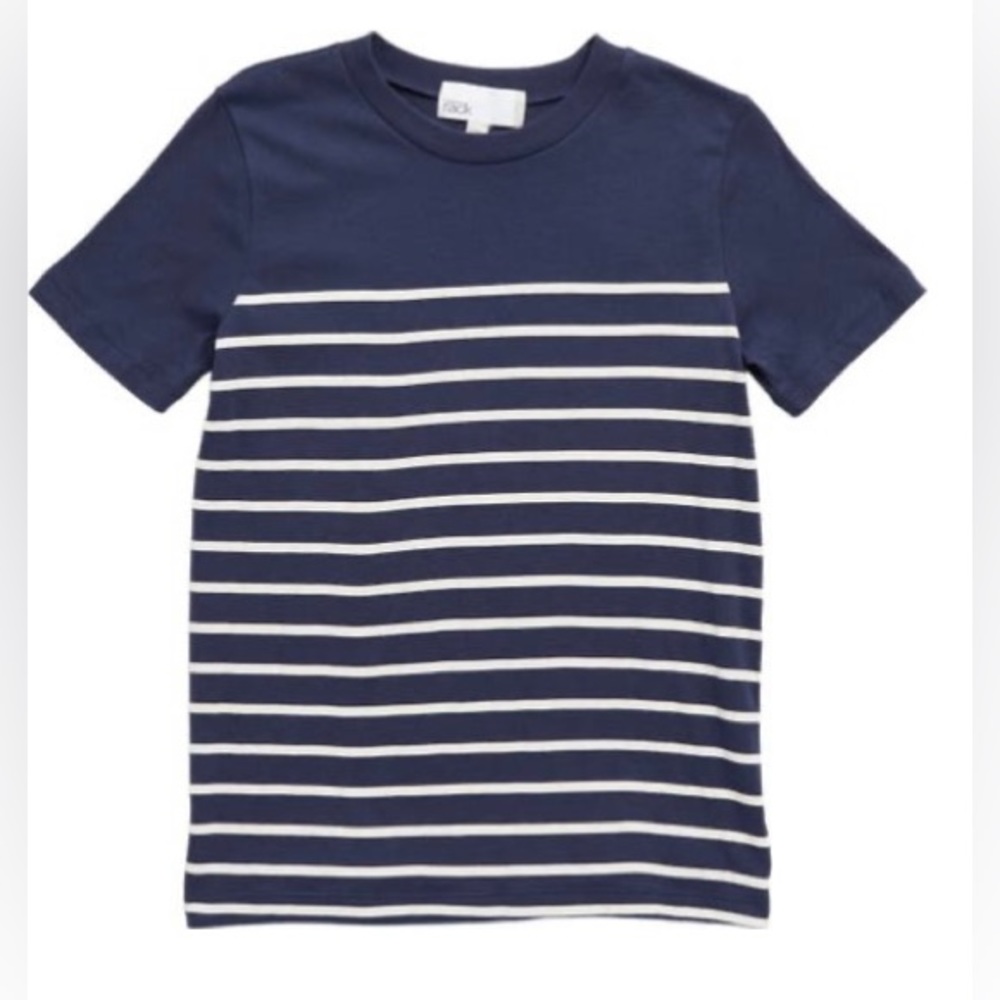Nordstrom Rack kids short sleeve Navy Denim Ivory Stripe shirt size 10-12